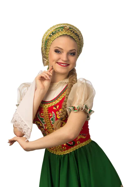 Schöne Lächelnde Kaukasische Mädchen Russischer Tracht Isoliert Auf Weißem Hintergrund — Stockfoto