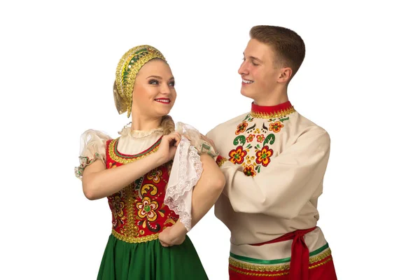 Beautiful Caucasian Cuple Dancing Russian Folk Costumes Isolated White Background — Stok fotoğraf