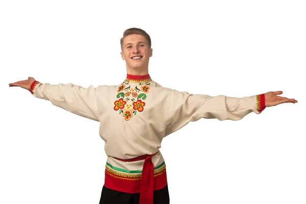 Aantrekkelijke Russische Jongen Dansen Folk Kostuum Geïsoleerd Witte Achtergrond — Stockfoto