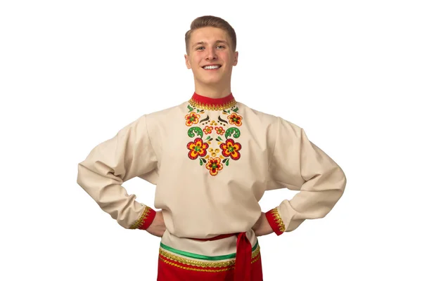 Attractive Russian Guy Dancing Folk Costume Isolated White Background — Stock Photo, Image