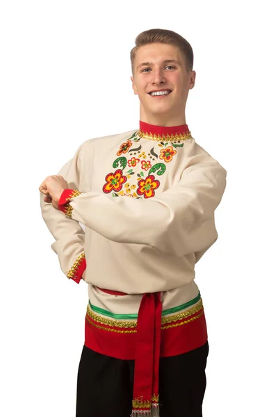 Attractive Russian Guy Dancing Folk Costume Isolated White Background — Stock Photo, Image