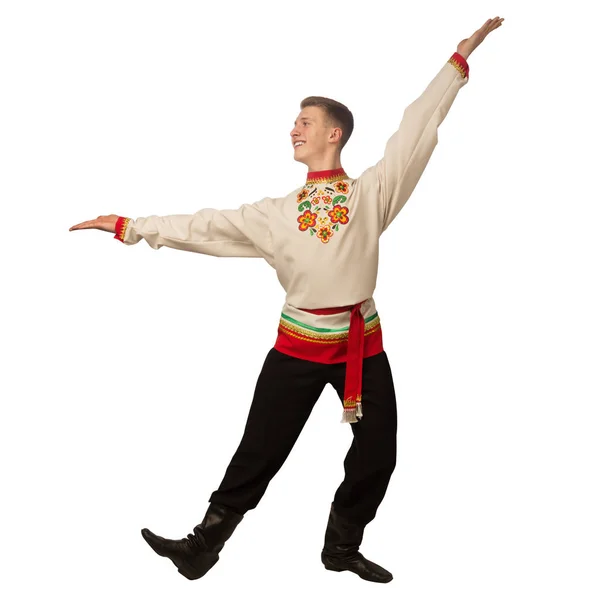 Aantrekkelijke Russische Jongen Dansen Folk Kostuum Geïsoleerd Witte Achtergrond — Stockfoto