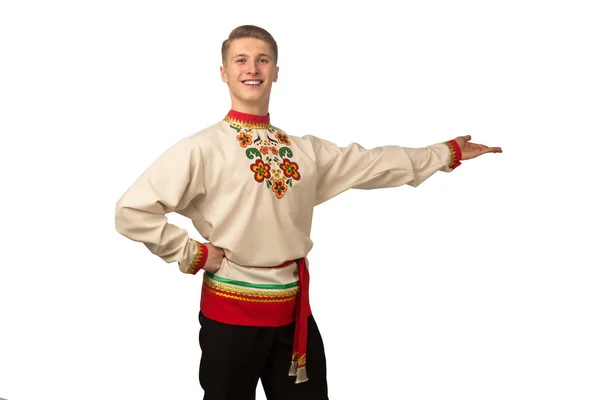 Ελκυστική Ρωσικό Άντρας Χορεύει Στη Λαϊκή Φορεσιά Απομονωθεί Λευκό Φόντο — Φωτογραφία Αρχείου