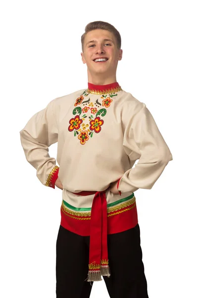 Aantrekkelijke Russische Jongen Dansen Folk Kostuum Geïsoleerd Witte Achtergrond — Stockfoto