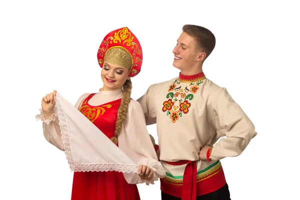 Beautiful Caucasian Cuple Dancing Russian Folk Costumes Isolated White Background — 스톡 사진