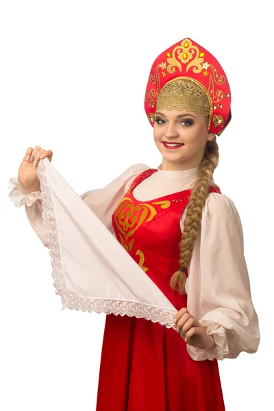 Menina Branca Sorridente Bonita Traje Popular Russo Isolado Fundo Branco — Fotografia de Stock