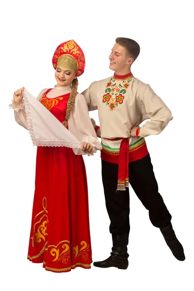 Prachtige Kaukasische Cuple Dansen Russische Folk Kostuums Geïsoleerd Witte Achtergrond — Stockfoto