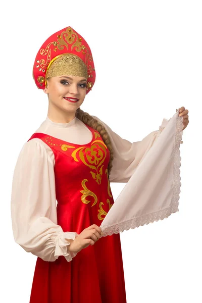 美丽的微笑的高加索女孩在俄国民间服装查出在白色背景 — 图库照片