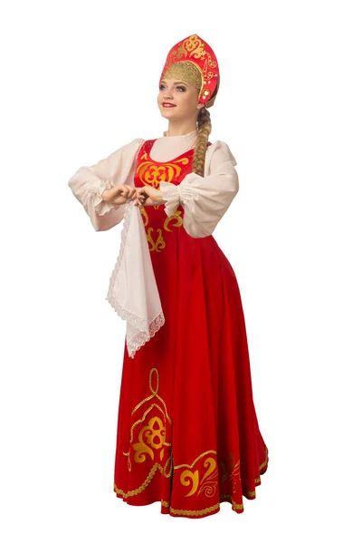 白い背景に隔離されたロシアの民族衣装の美しい笑顔の白人女性 — ストック写真