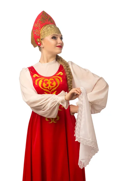 Mooi Lachende Kaukasische Meisje Russische Folk Kostuum Geïsoleerd Witte Achtergrond — Stockfoto