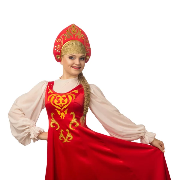 Mooi Lachende Kaukasische Meisje Russische Folk Kostuum Geïsoleerd Witte Achtergrond Rechtenvrije Stockfoto's