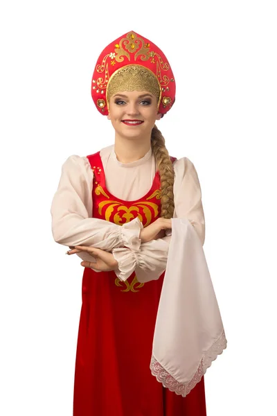 Mooi Lachende Kaukasische Meisje Russische Folk Kostuum Geïsoleerd Witte Achtergrond Stockfoto