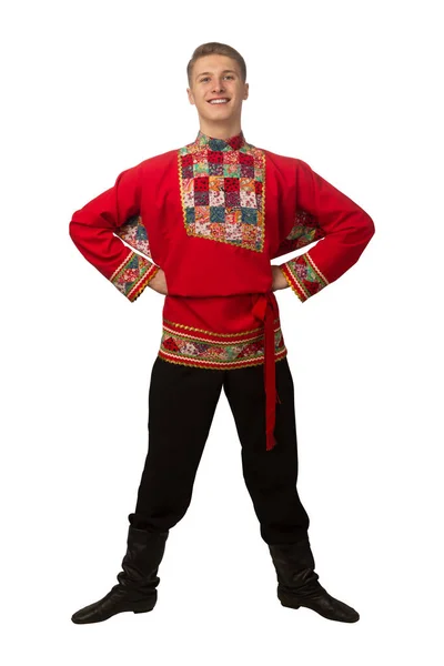 Aantrekkelijke Russische Jongen Dansen Folk Kostuum Geïsoleerd Witte Achtergrond — Stockfoto