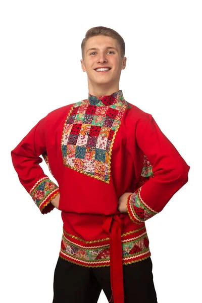 Aantrekkelijke Russische Jongen Dansen Folk Kostuum Geïsoleerd Witte Achtergrond — Stockfoto