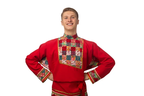 Aantrekkelijke Russische Jongen Dansen Folk Kostuum Geïsoleerd Witte Achtergrond — Stockfoto