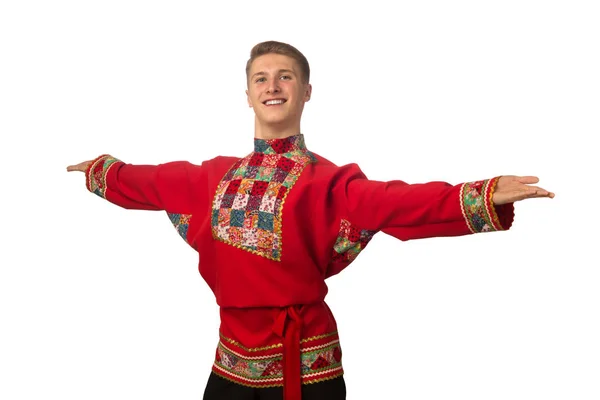 Atraente Russo Cara Dançando Traje Popular Isolado Fundo Branco — Fotografia de Stock