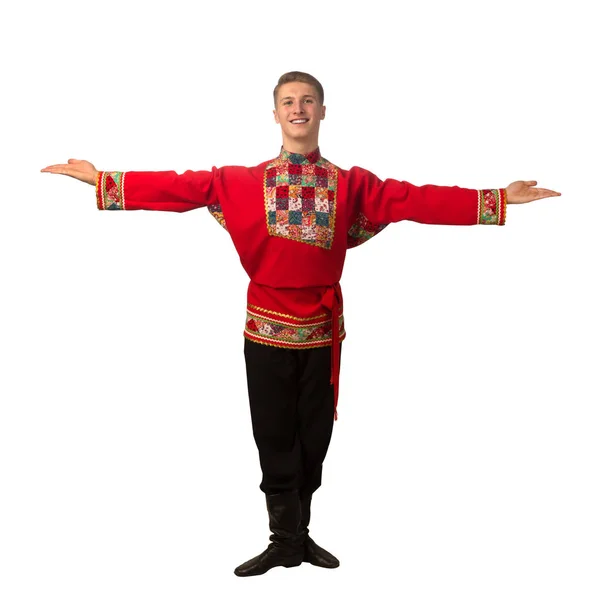 Привлекательный Русский Парень Танцующий Народном Костюме Белом Фоне — стоковое фото