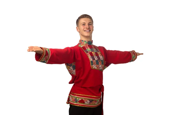 Attraktive Russische Kerl Tanzen Tracht Isoliert Auf Weißem Hintergrund — Stockfoto