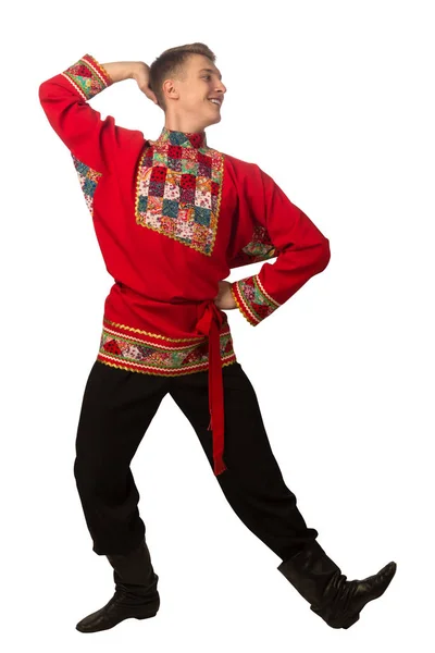 Aantrekkelijke Russische Jongen Dansen Folk Kostuum Geïsoleerd Witte Achtergrond — Stockfoto