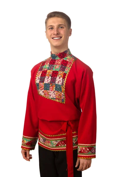 在白色背景查出的有吸引力的俄国家伙的画像在红色民间服装查出 — 图库照片