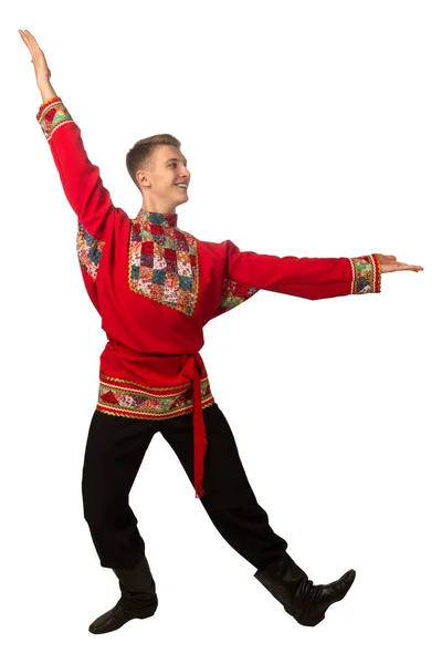 Привлекательный Русский Парень Танцующий Народном Костюме Белом Фоне — стоковое фото