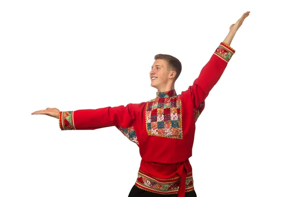 Aantrekkelijke Russische Jongen Dansen Folk Kostuum Geïsoleerd Witte Achtergrond — Stockfoto