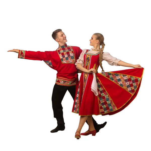 Beautiful Caucasian Couple Dancing Russian Folk Costumes Isolated White Background — Stock Photo, Image