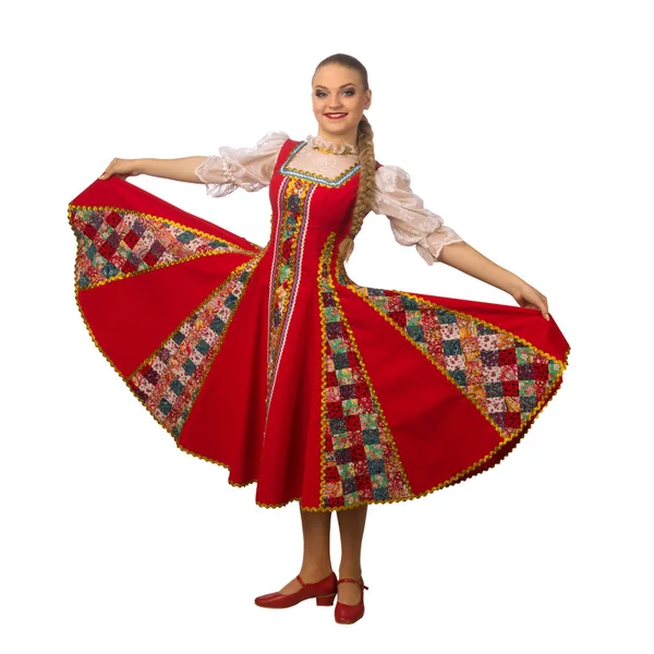 Schöne Lächelnde Kaukasische Mädchen Russischer Tracht Isoliert Auf Weißem Hintergrund — Stockfoto