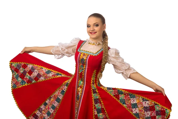 ロシアの民族衣装が白い背景で隔離の美しい笑顔の白人の女の子 — ストック写真