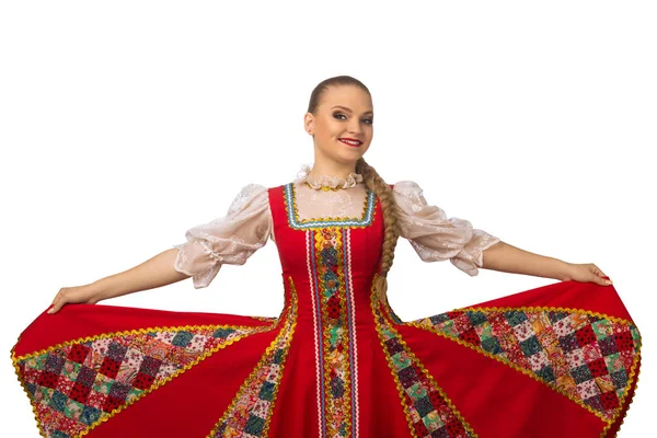 Hermosa Chica Caucásica Sonriente Traje Popular Ruso Aislado Sobre Fondo — Foto de Stock