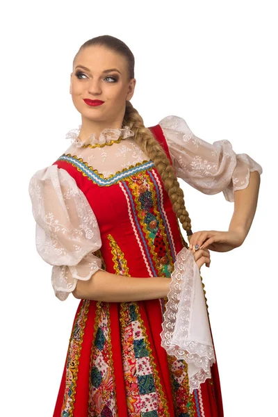 Piękna Dziewczynka Kaukaski Uśmiechający Się Rosyjskich Strojów Ludowych Izolowana Białym — Zdjęcie stockowe