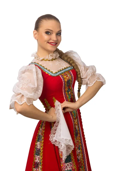 Schöne Lächelnde Kaukasische Mädchen Russischer Tracht Isoliert Auf Weißem Hintergrund — Stockfoto