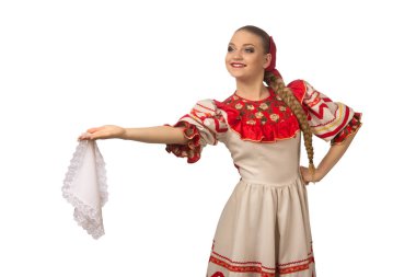 Beyaz arka plan üzerinde izole Rus halk kostüm güzel gülümseyen beyaz kız.