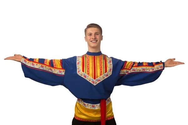 Aantrekkelijke Russische Jongen Dansen Folk Kostuum Geïsoleerd Witte Achtergrond — Stockfoto