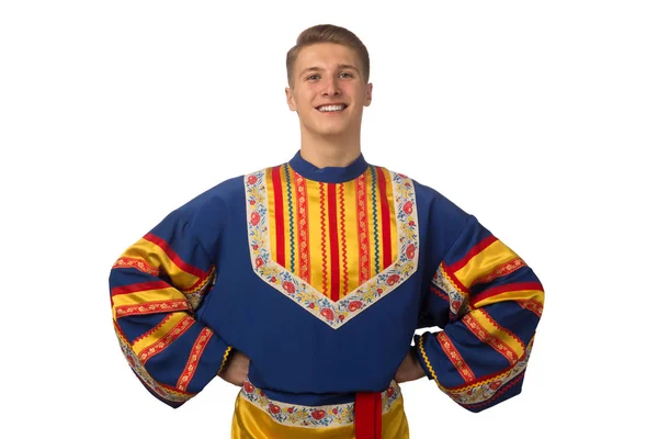 Attractive Russian Guy Dancing Folk Costume Isolated White Background — Stock Photo, Image