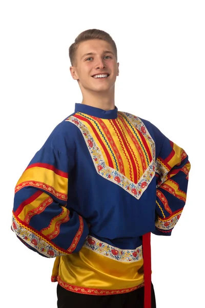 Attractive Russian Guy Dancing Folk Costume Isolated White Background — Stock Photo, Image