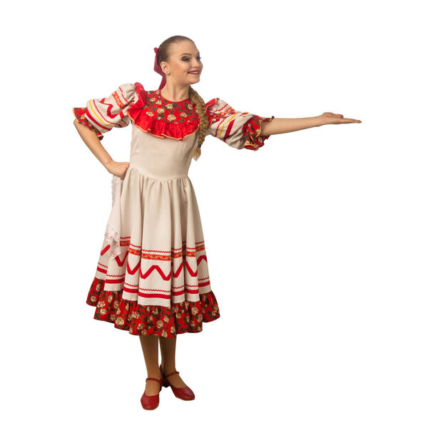 Beautiful smiling caucasian girl in russian folk costume isolated on white background. Full length.