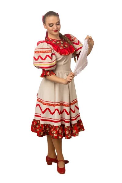 Schöne Lächelnde Kaukasische Mädchen Russischer Tracht Isoliert Auf Weißem Hintergrund — Stockfoto