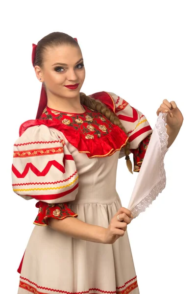 Mooi Lachende Kaukasische Meisje Russische Folk Kostuum Geïsoleerd Witte Achtergrond — Stockfoto