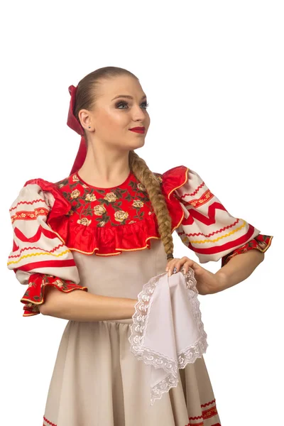 Hermosa Chica Caucásica Sonriente Traje Popular Ruso Aislado Sobre Fondo — Foto de Stock