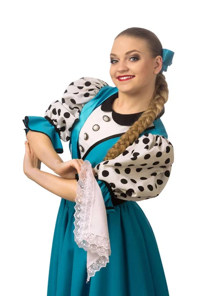 Schöne Lächelnde Kaukasische Mädchen Russischer Tracht Isoliert Auf Weißem Hintergrund — Stockfoto