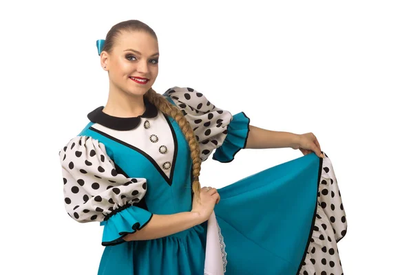 Beautiful Smiling Caucasian Girl Russian Folk Costume Isolated White Background — Stock Photo, Image