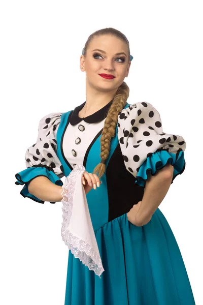 Beautiful Smiling Caucasian Girl Russian Folk Costume Isolated White Background — Stock Photo, Image