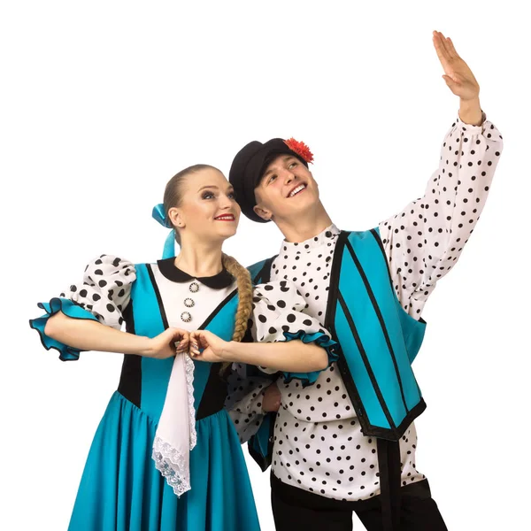 Beautiful Caucasian Couple Dancing Russian Folk Costumes Isolated White Background — Stock Photo, Image