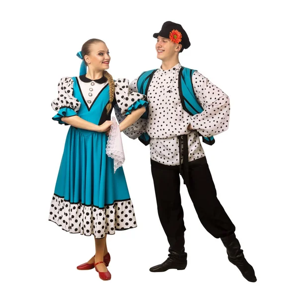 Красивая Кавказская Пара Танцует Русских Народных Костюмах Белом Фоне Полная — стоковое фото