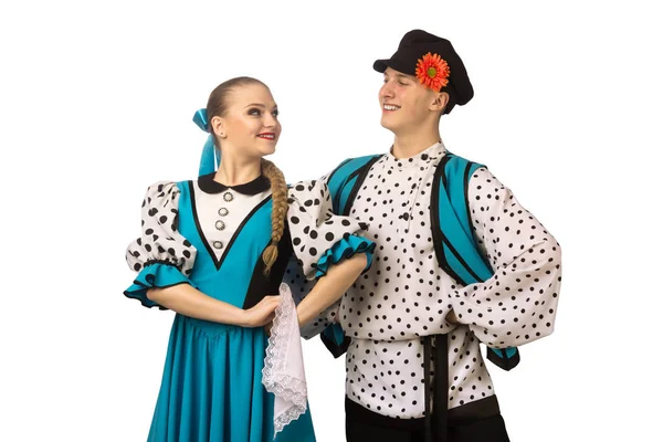 Mooie Kaukasische Paar Dansen Russische Klederdracht Geïsoleerd Witte Achtergrond — Stockfoto