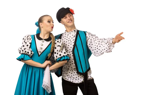 Mooie Kaukasische Paar Dansen Russische Klederdracht Geïsoleerd Witte Achtergrond — Stockfoto