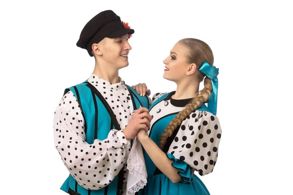 Schöne Kaukasische Paar Tanzt Russischen Trachten Isoliert Auf Weißem Hintergrund — Stockfoto