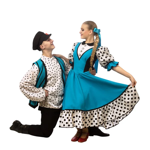 Mooie Kaukasische Paar Dansen Russische Klederdracht Geïsoleerd Witte Achtergrond — Stockfoto