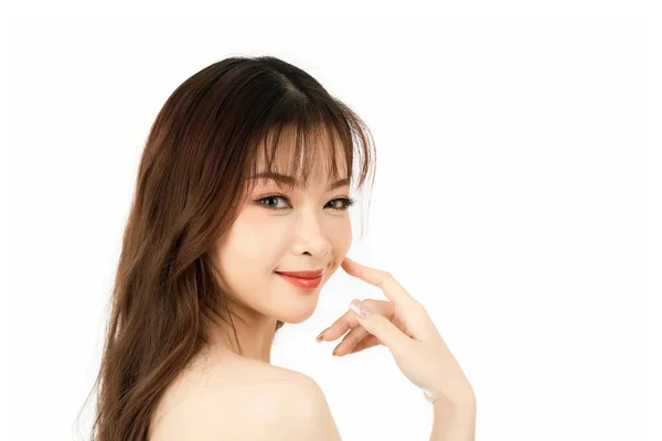 Portrait of attractive young woman with beauty skin and face isolated on white background. Healthy skin and face care concept.